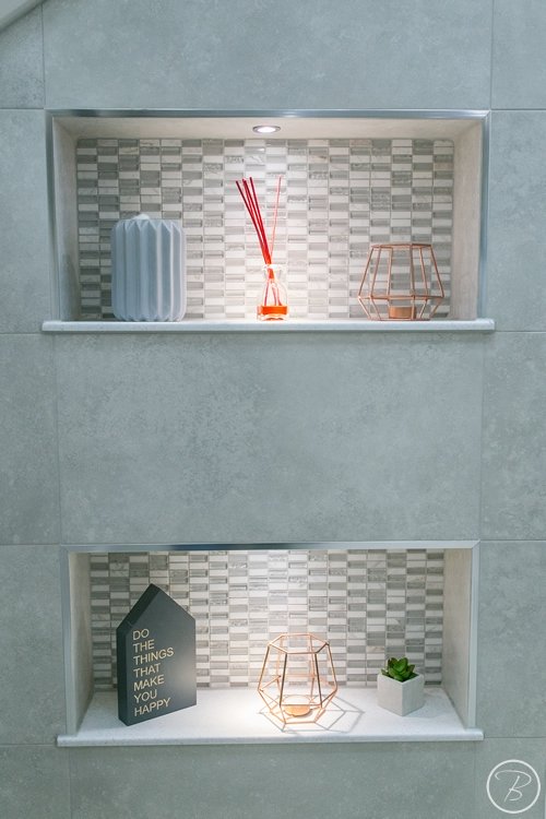 Baytree Bathrooms Showroom in Suffolk -bathroom lighting and shelving displays