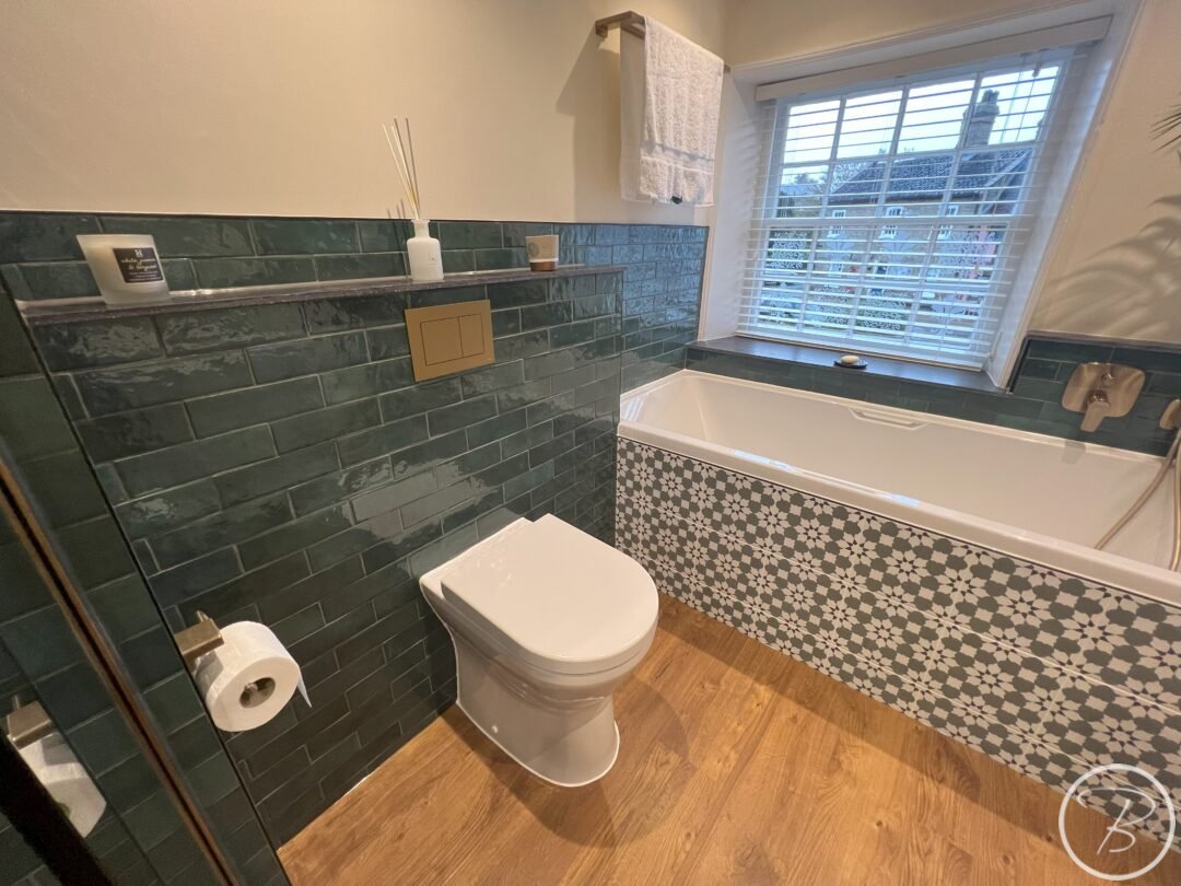 bath view with wc and patterned bath panel