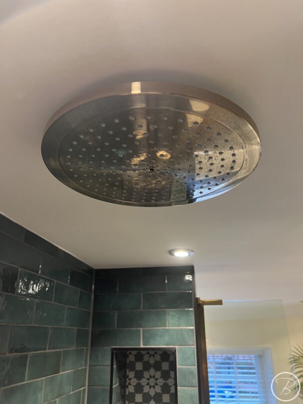 close up of the overhead shower head